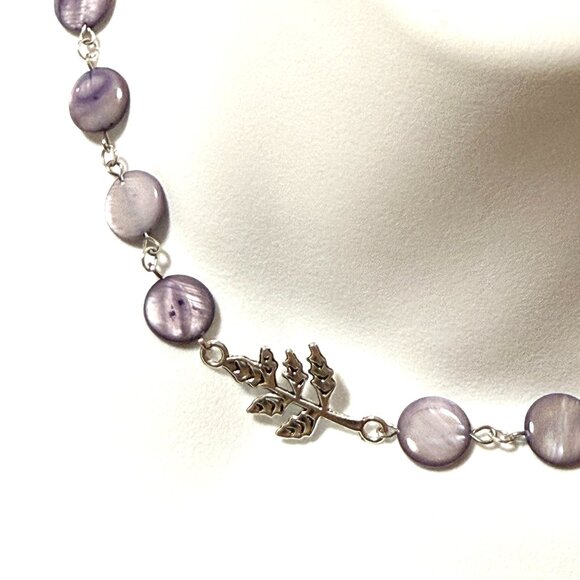 Purple Mother of Pearl Beaded Short Necklace + Silver Leaf Branch Pendant - Picture 1 of 12